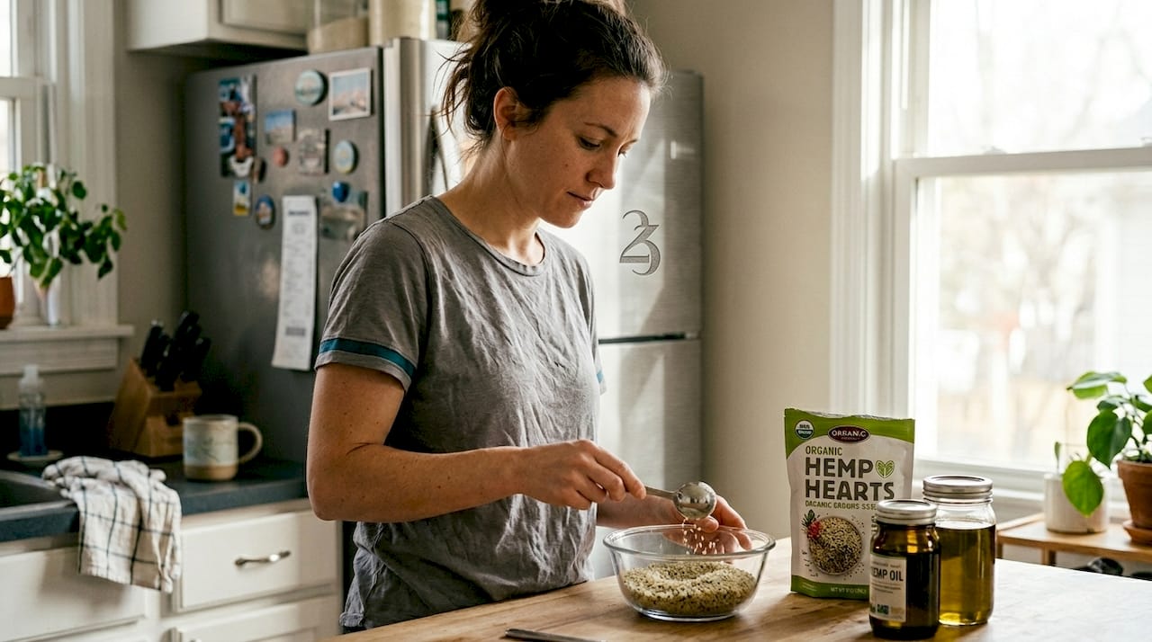 Woman measuring hemp seeds in kitchen