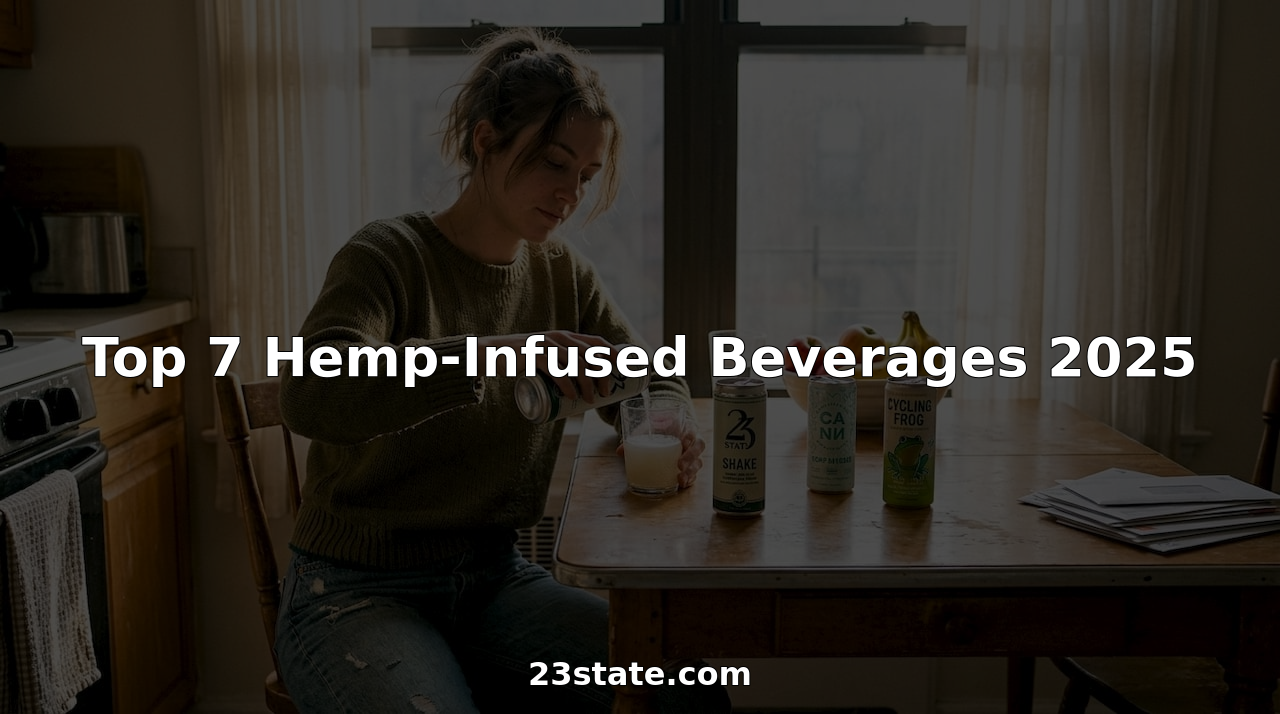Woman pours hemp-infused drink at kitchen table