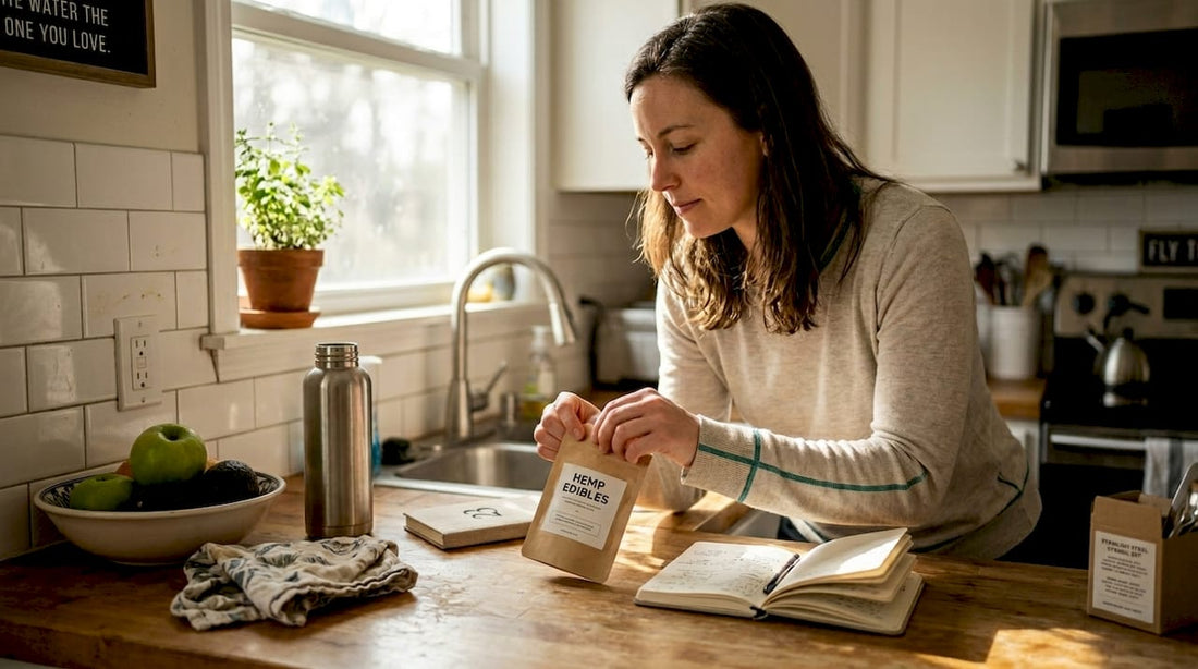 Woman tracks hemp edibles in bright kitchen