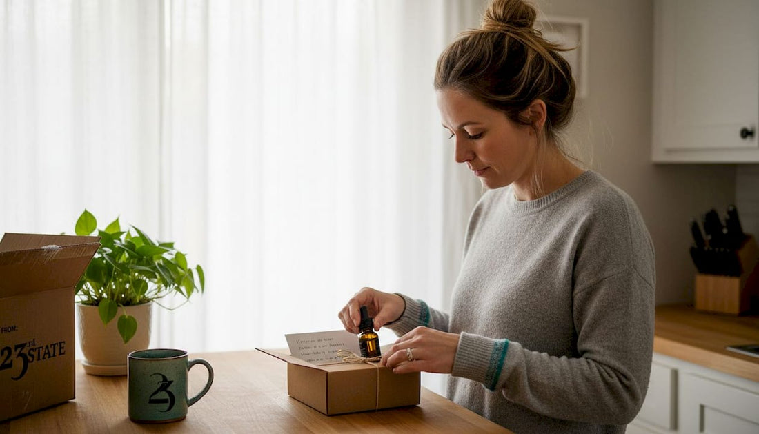 Woman preparing a CBD gift box in kitchen