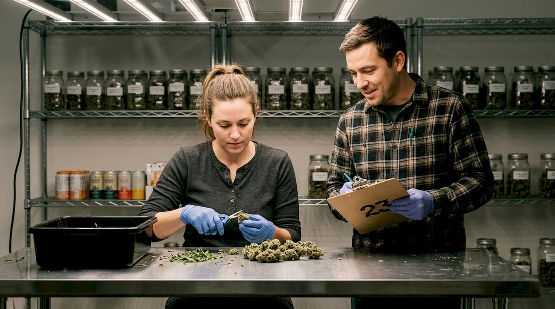 Craft cannabis team hand-trimming small batch buds