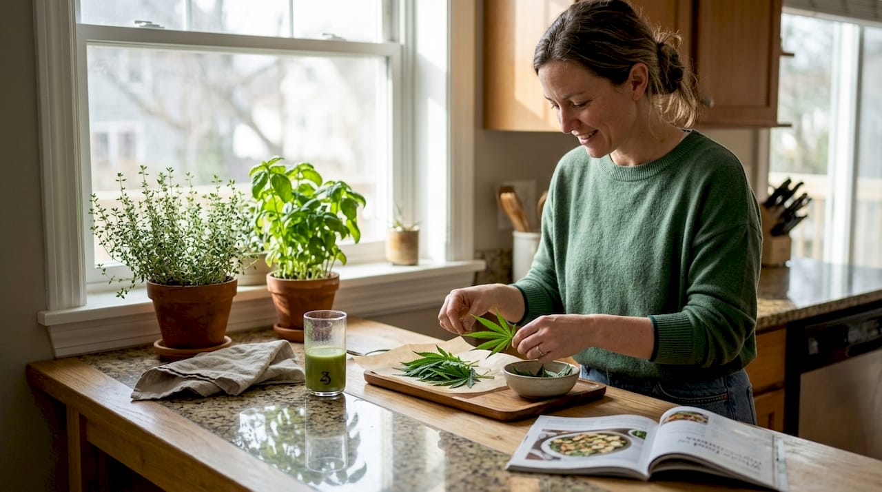 Sorting fresh cannabis leaves in bright kitchen