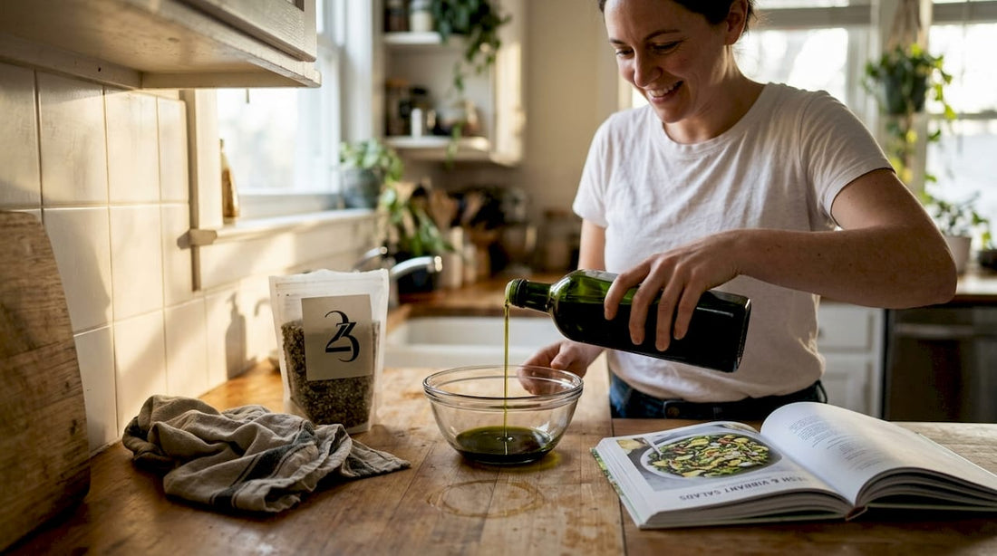 Pouring hemp seed oil in home kitchen setting