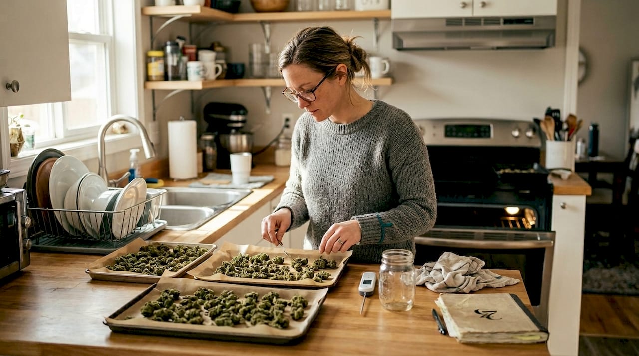 Woman preparing hemp for decarboxylation in home kitchen