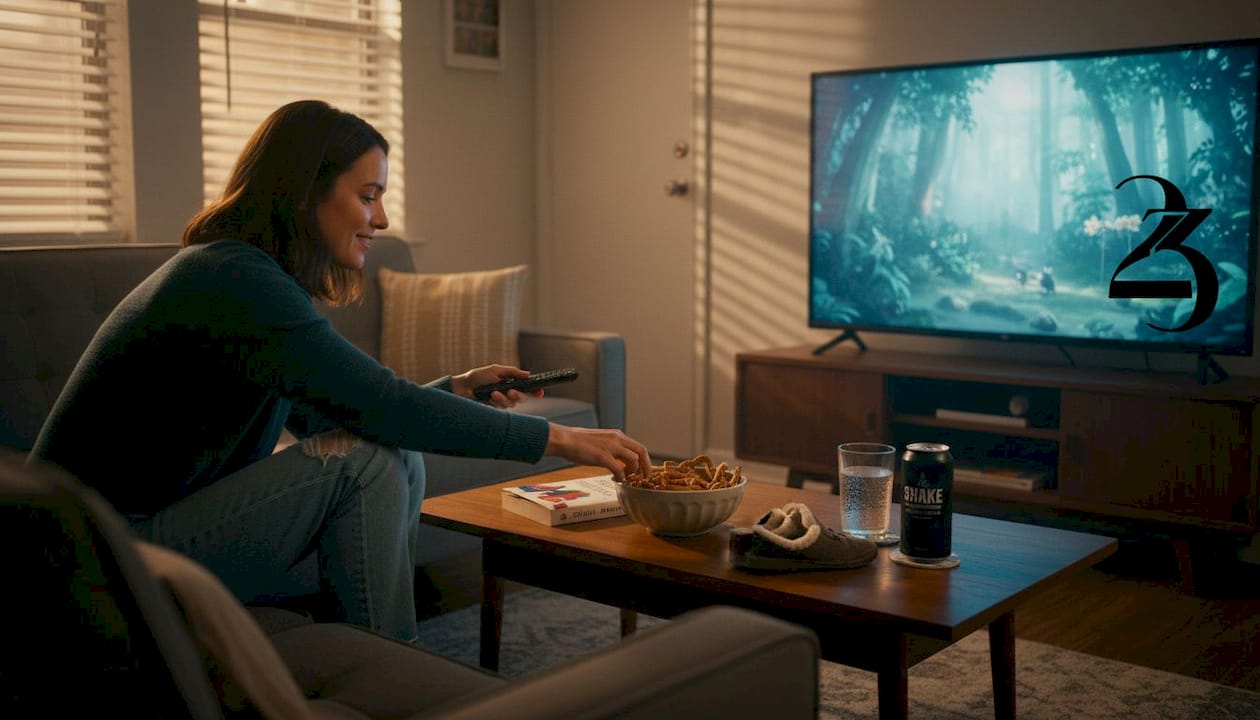 Woman reaching for snack in relaxed living room