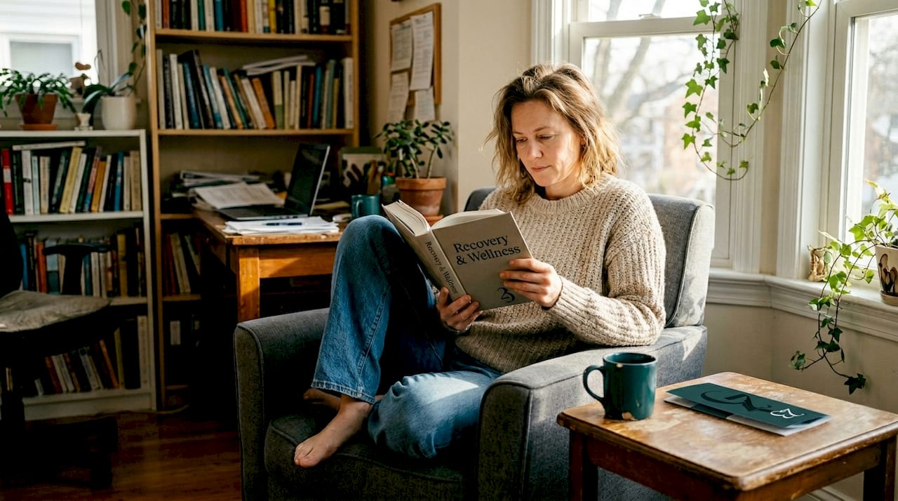 Woman reading wellness book in home office