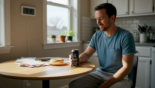 Man reads cannabis drink can in kitchen