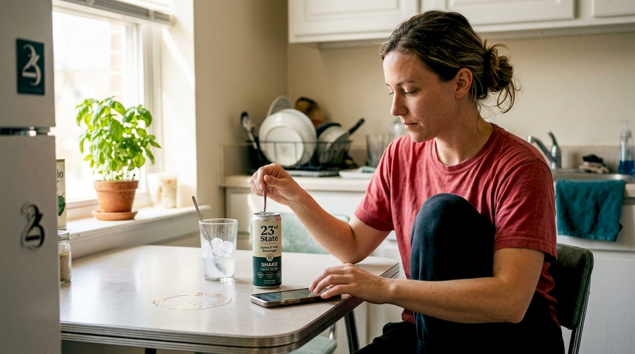 Woman stirring Delta-9 THC drink in kitchen
