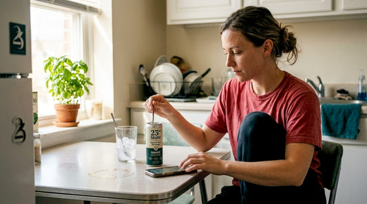 Woman stirring Delta-9 THC drink in kitchen