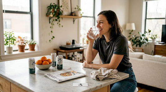 Woman drinking hemp sparkling water at kitchen