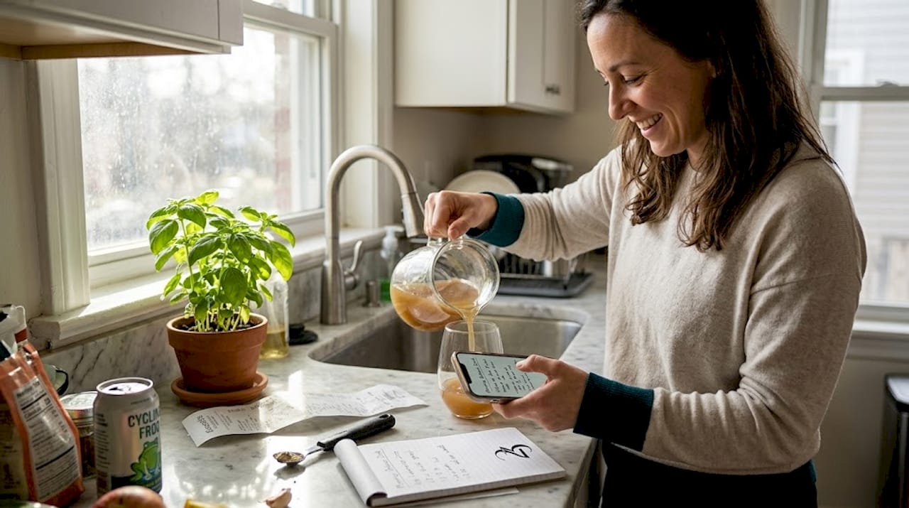 Woman making CBD THC ratio drink in kitchen
