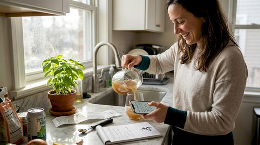Woman making CBD THC ratio drink in kitchen