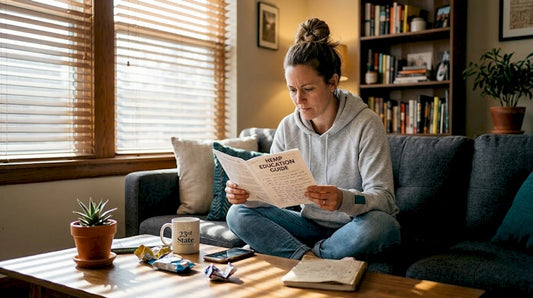 Woman reading hemp education guide at home