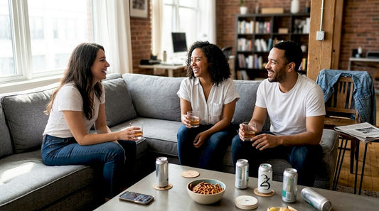 Friends sharing cannabis beverages in relaxed living room