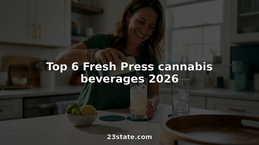 Woman pours cannabis beverage in sunny kitchen