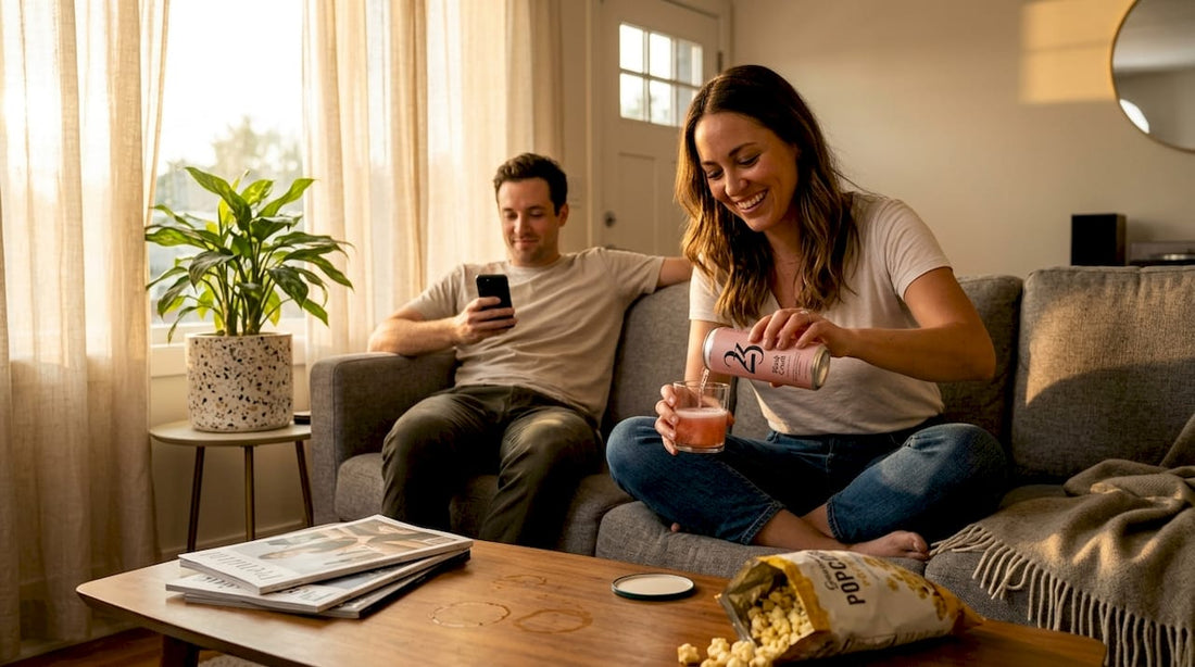 Friends pour THC drink in lived-in living room