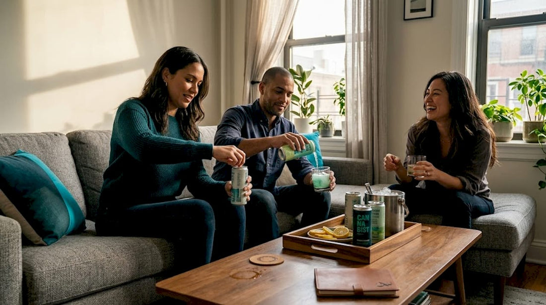 Friends sampling THC drink alternatives together
