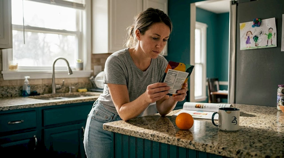 Woman reading THC edible label in kitchen