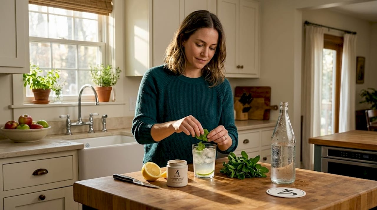 Woman making sober curious drink in kitchen