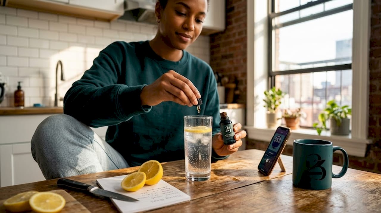 Person mixes nano-emulsified THC tincture in kitchen