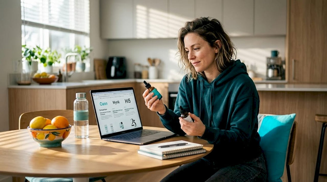 Woman comparing hemp and dispensary THC bottles at kitchen table