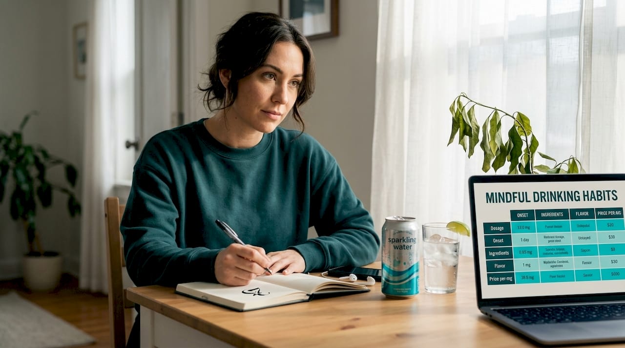 Woman journaling drink choices at kitchen table