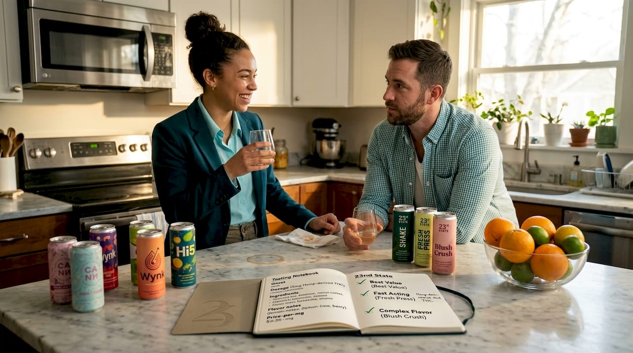 Adults taste testing THC beverages in kitchen setting