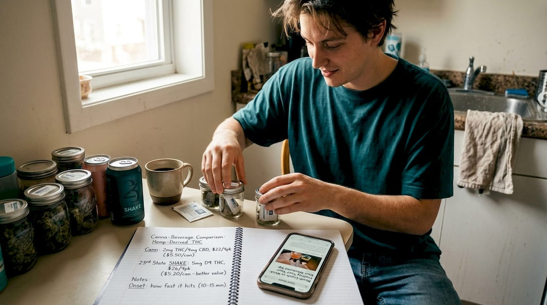 Young adult organizing cannabis storage jars