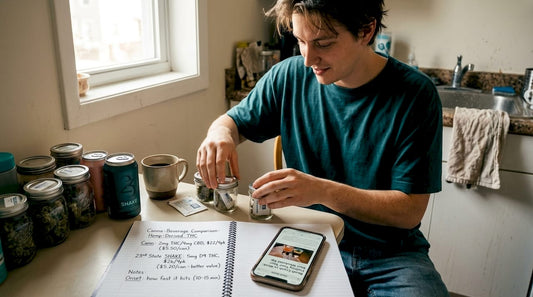 Young adult organizing cannabis storage jars