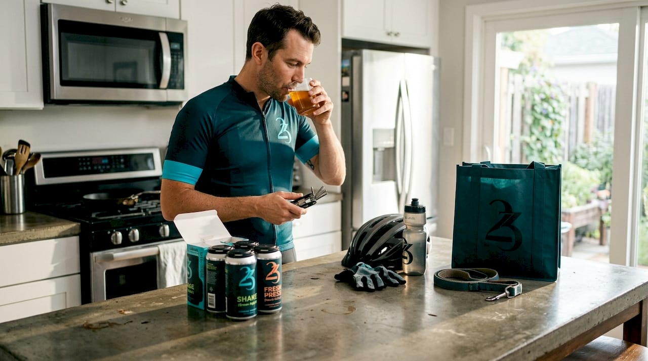 Cycling gear beside cannabis beverages on kitchen island