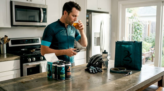 Cycling gear beside cannabis beverages on kitchen island