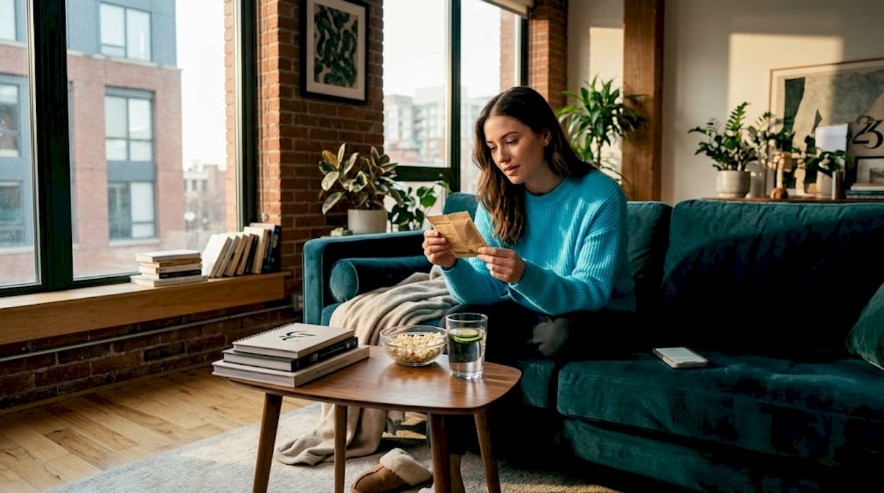 Woman checking THC info on edible