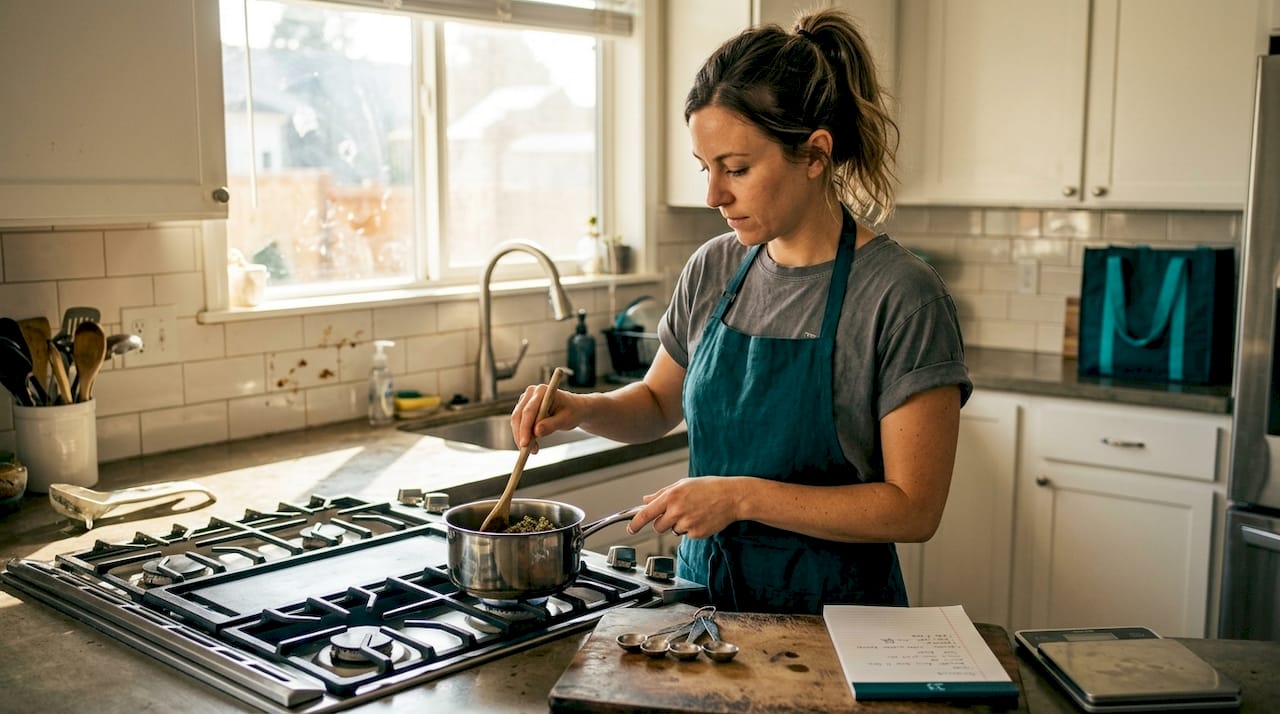Person preparing hemp infusion in lived-in kitchen