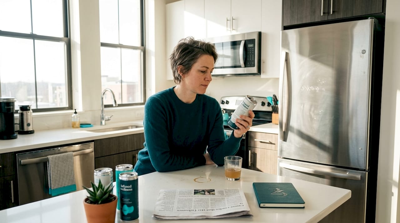 Woman reading infused beverage label in kitchen