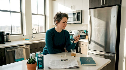 Woman reading infused beverage label in kitchen