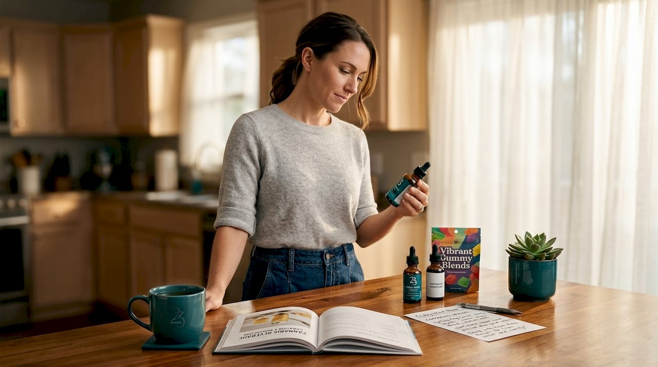 Woman selecting safe cannabis products in kitchen