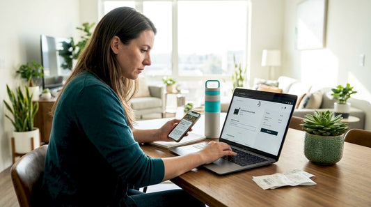 Woman entering cannabis promo code on laptop