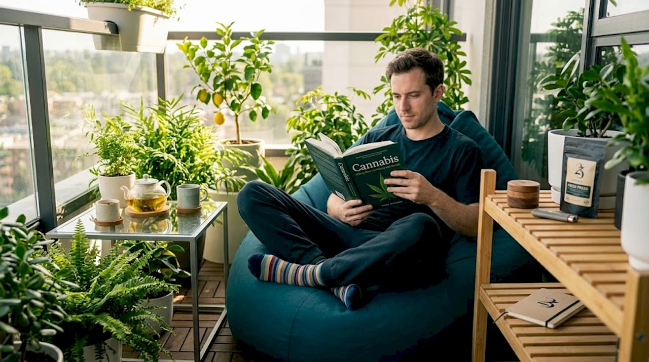 Man reading about cannabis in cozy living room