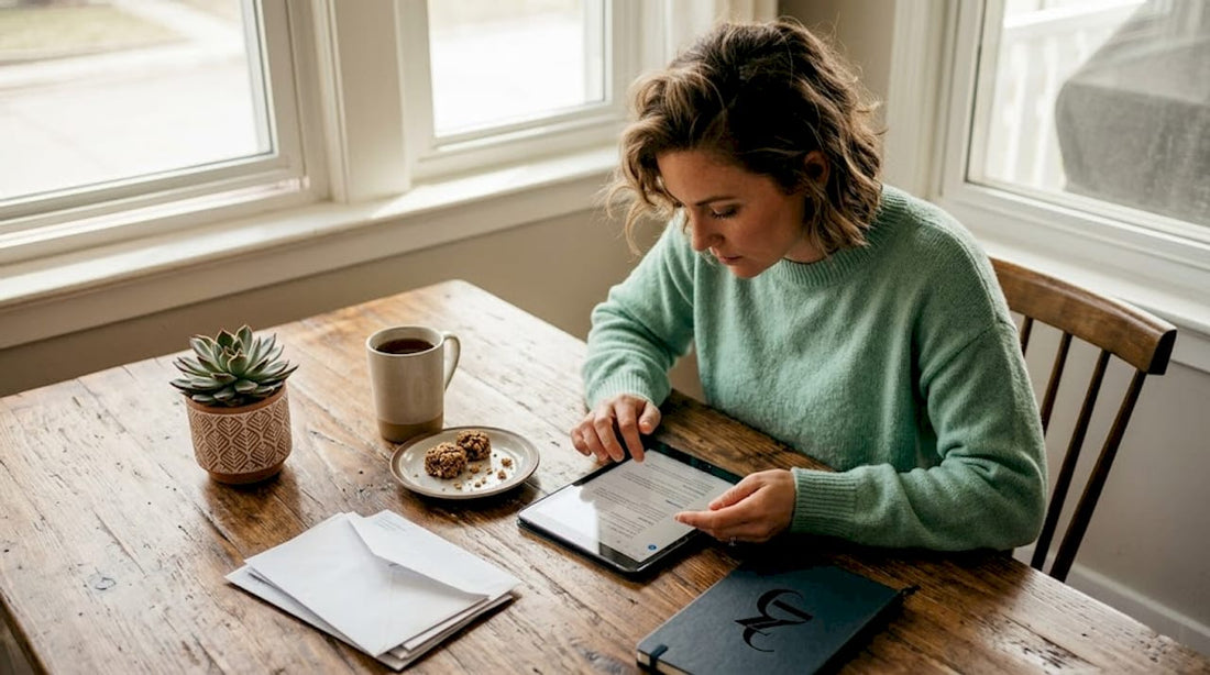 Woman reading hemp newsletter at kitchen table