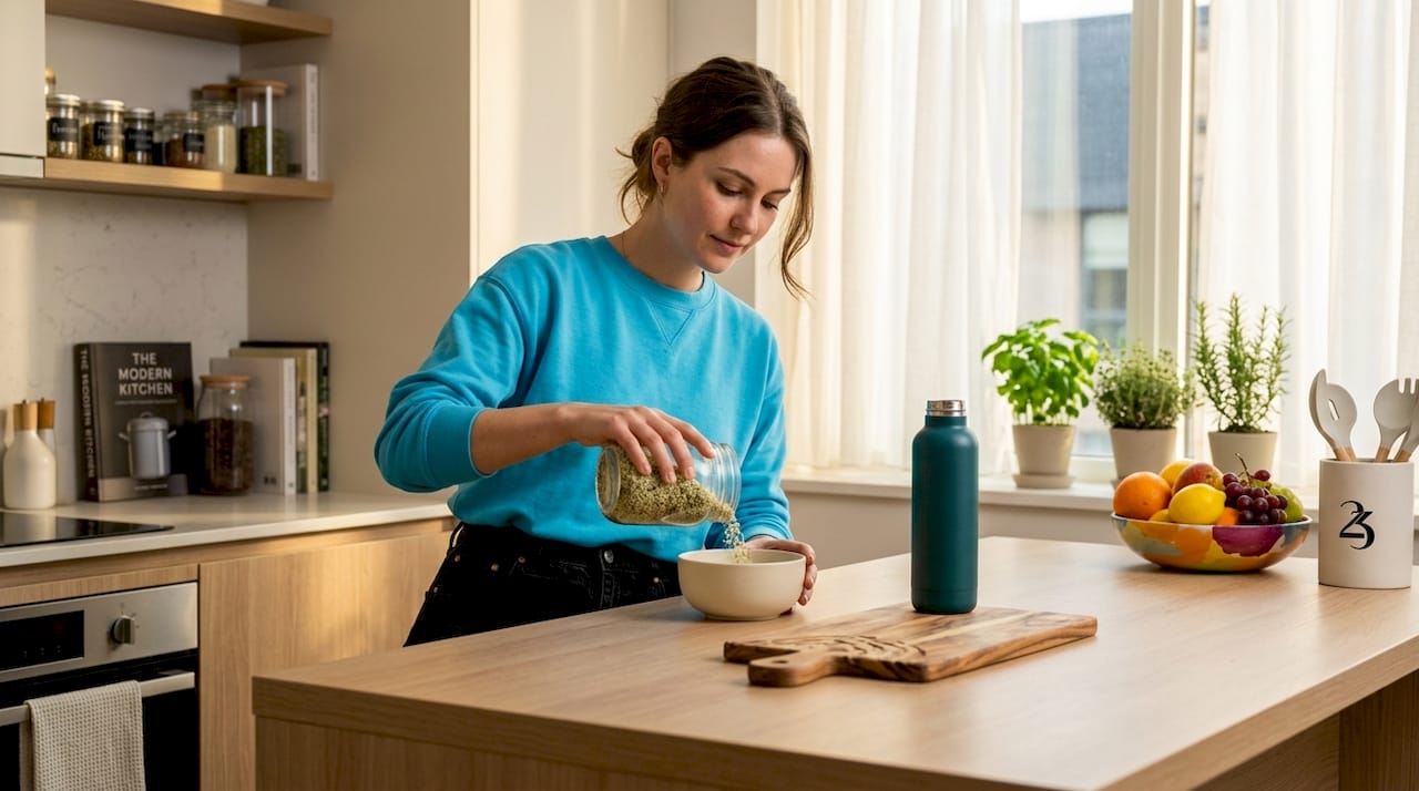 Woman preparing hemp seeds in sunny kitchen
