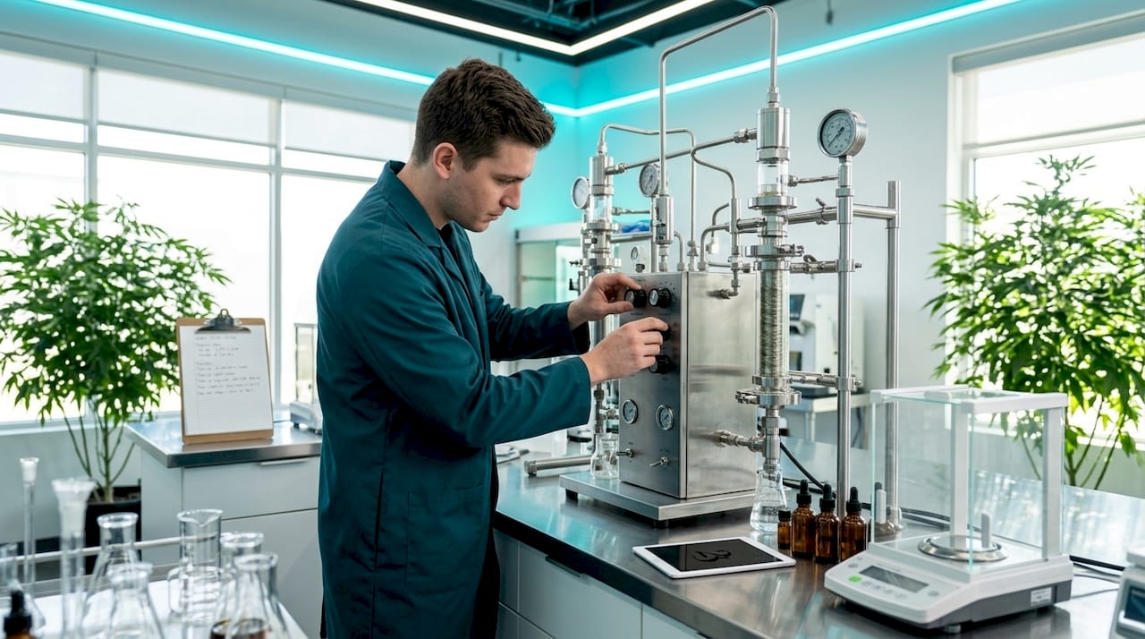 Technician working with cannabis extraction equipment