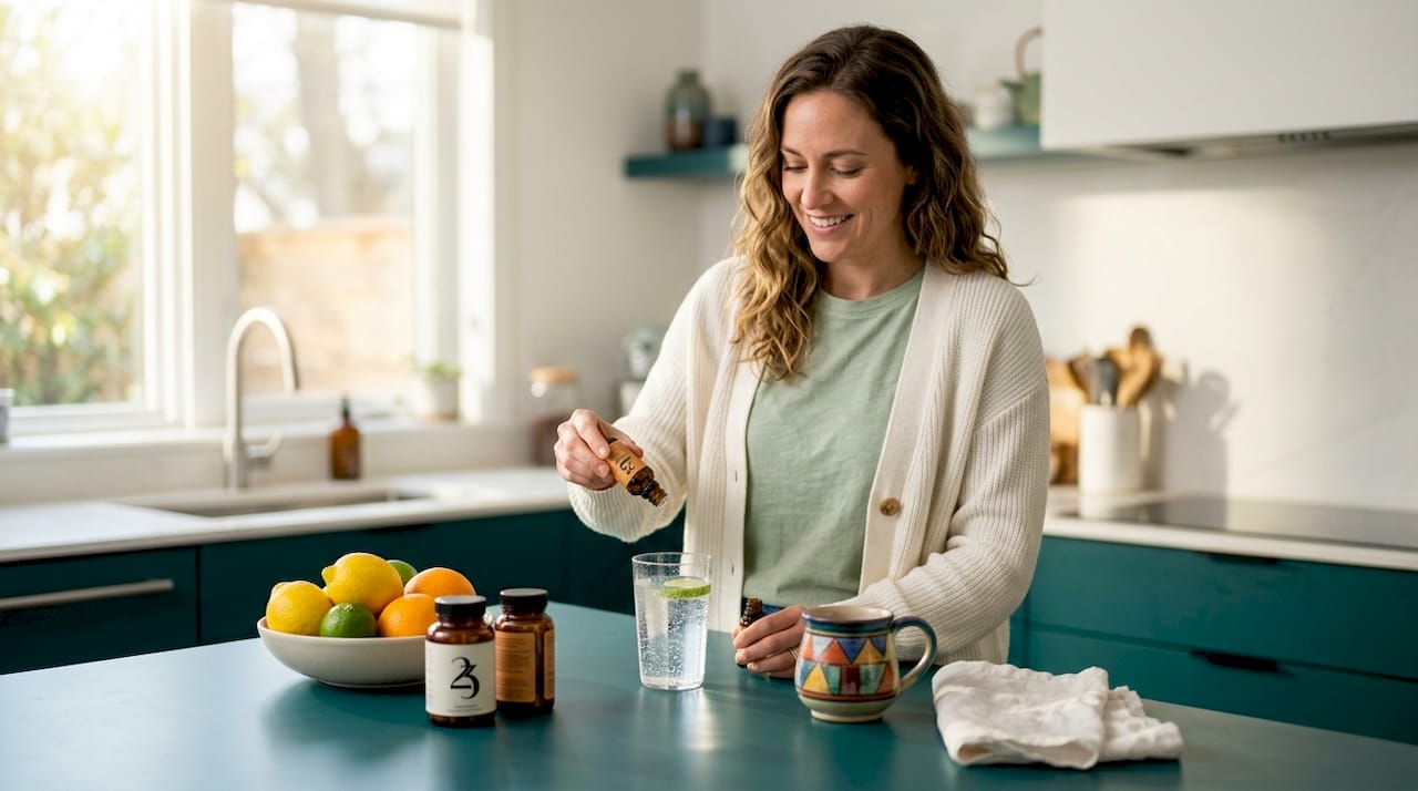 Woman adding tincture to water in kitchen