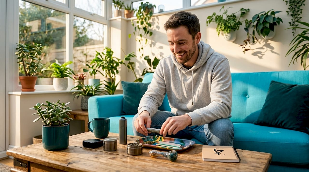 Man sorting cannabis accessories at home