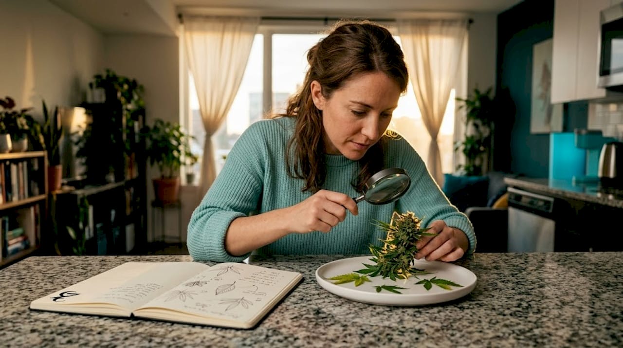 Botanist examining cannabis trichomes on kitchen counter