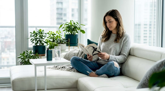 Woman sitting in living room with vaporizer nearby
