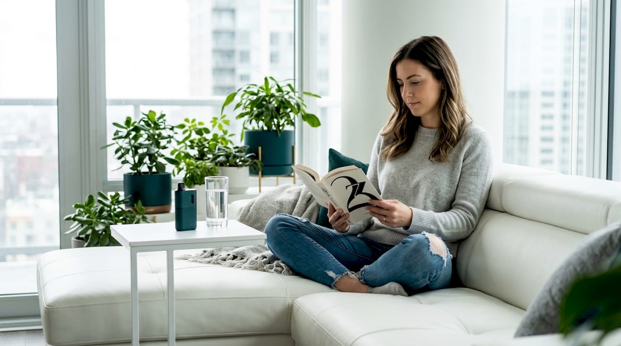 Woman sitting in living room with vaporizer nearby