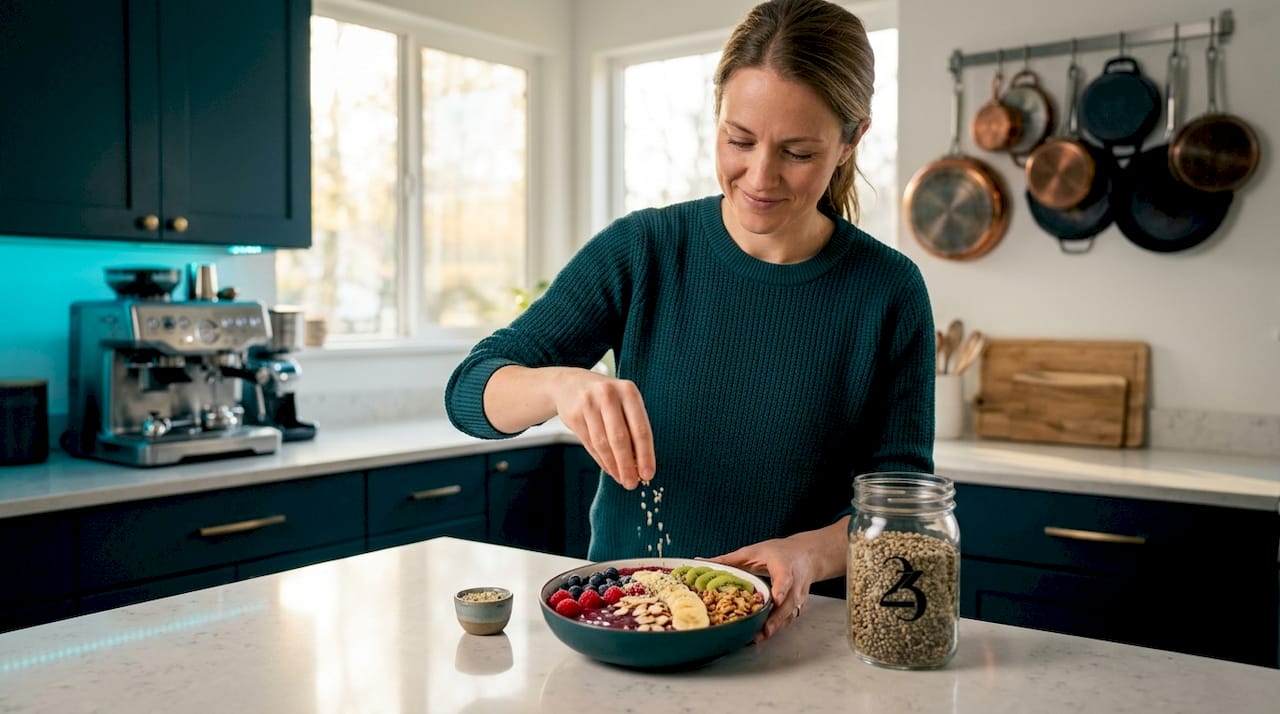 Woman adding hemp seeds to oatmeal in kitchen