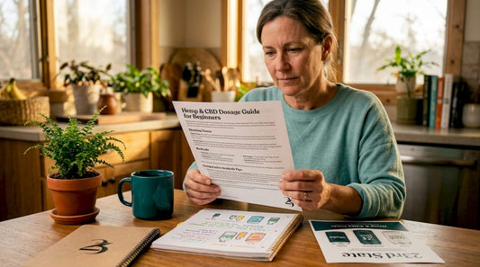 Woman reading hemp CBD dosage guide at kitchen table