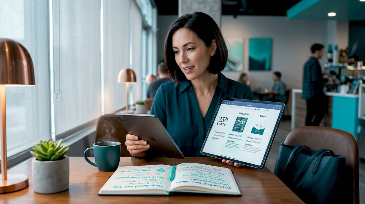 Person reviewing cannabis product information on tablet