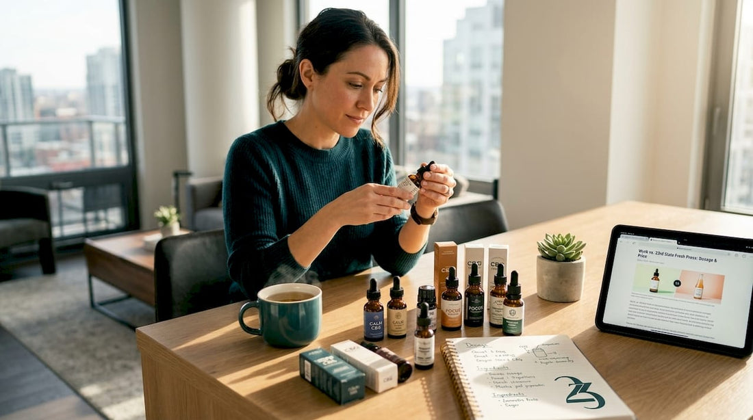 Woman comparing CBG products at kitchen table
